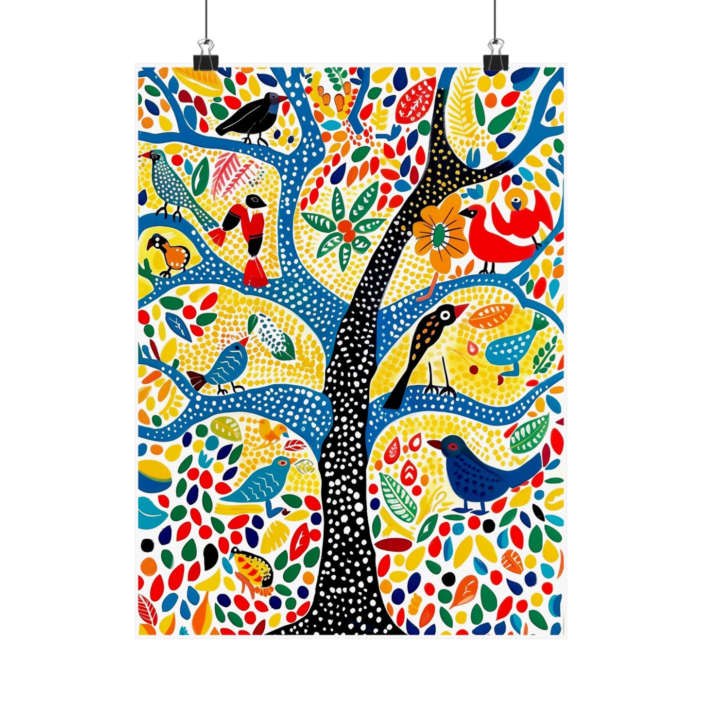 Gond Folk Art Poster | Colorful Tree with Birds and Flowers Print