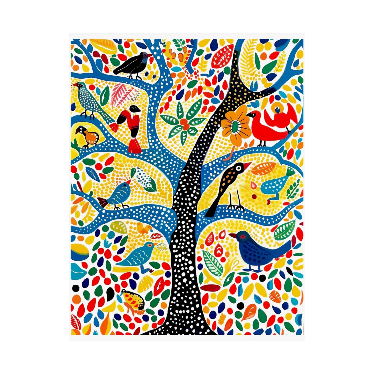 Gond Folk Art Poster | Colorful Tree with Birds and Flowers Print