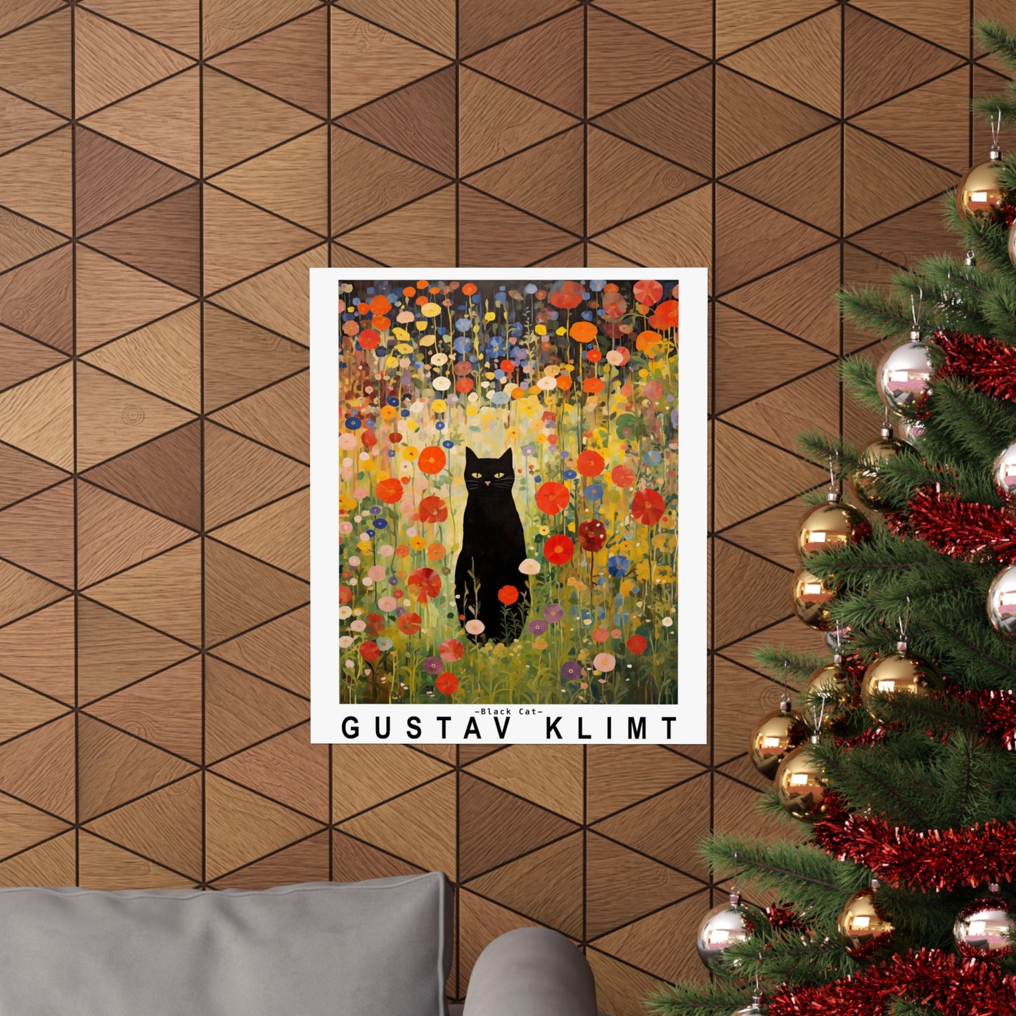 Gustav Klimt Garden Cat Poster | Black Cat Floral Art Print