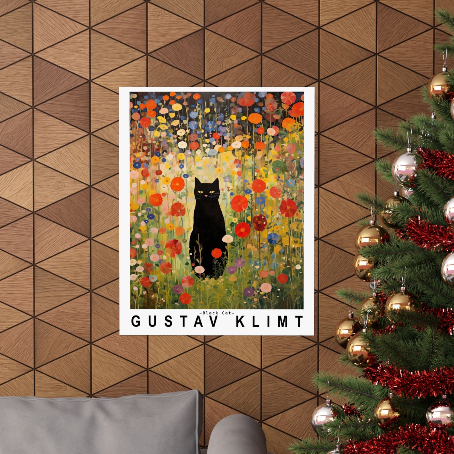 Gustav Klimt Garden Cat Poster | Black Cat Floral Art Print