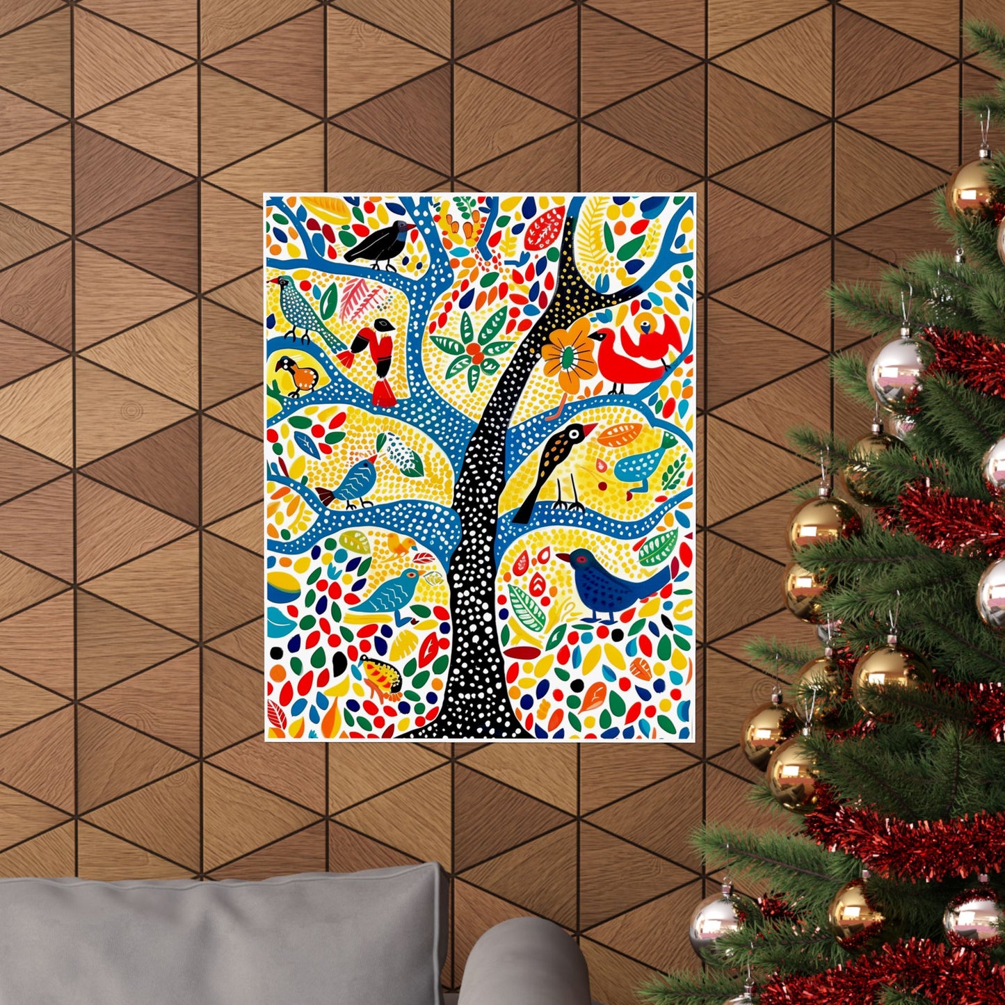 Gond Folk Art Poster | Colorful Tree with Birds and Flowers Print