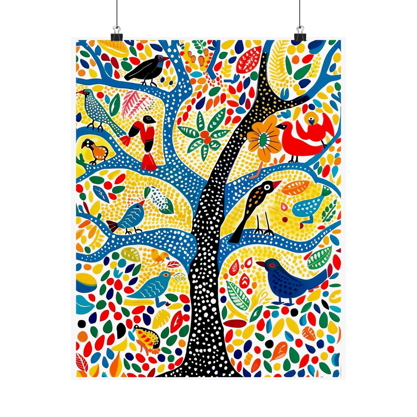 Gond Folk Art Poster | Colorful Tree with Birds and Flowers Print