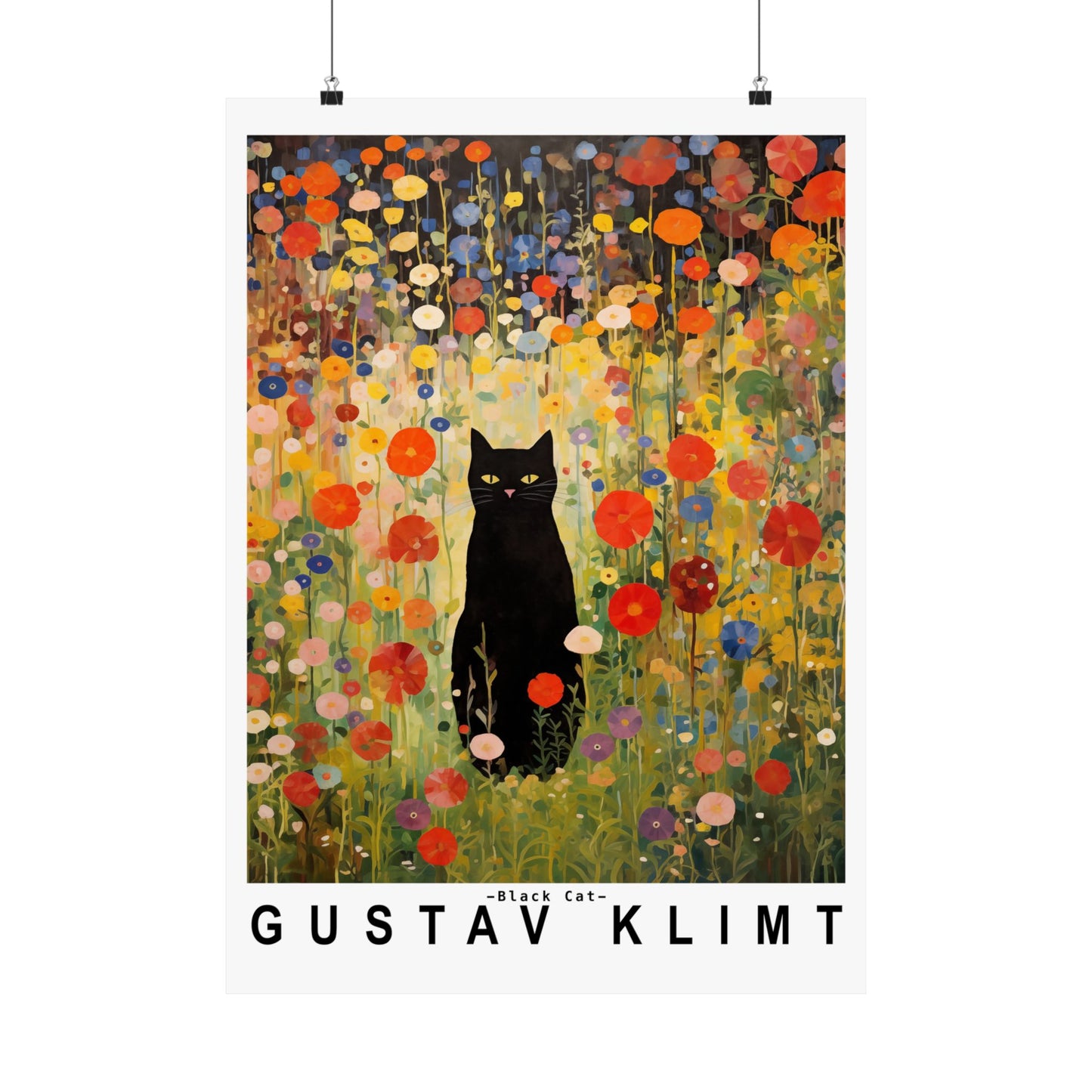 Gustav Klimt Garden Cat Poster | Black Cat Floral Art Print