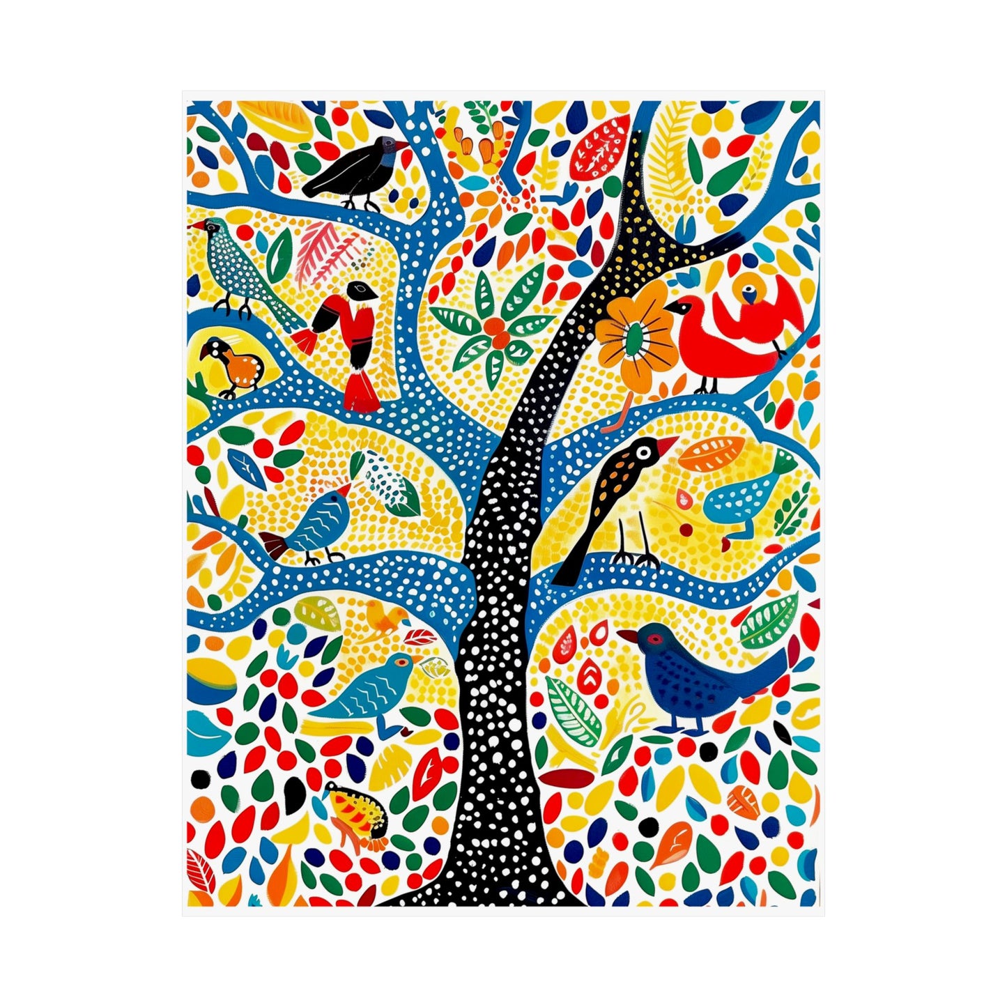 Gond Folk Art Poster | Colorful Tree with Birds and Flowers Print