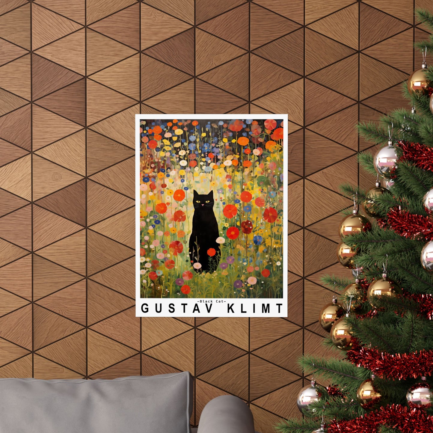 Gustav Klimt Garden Cat Poster | Black Cat Floral Art Print