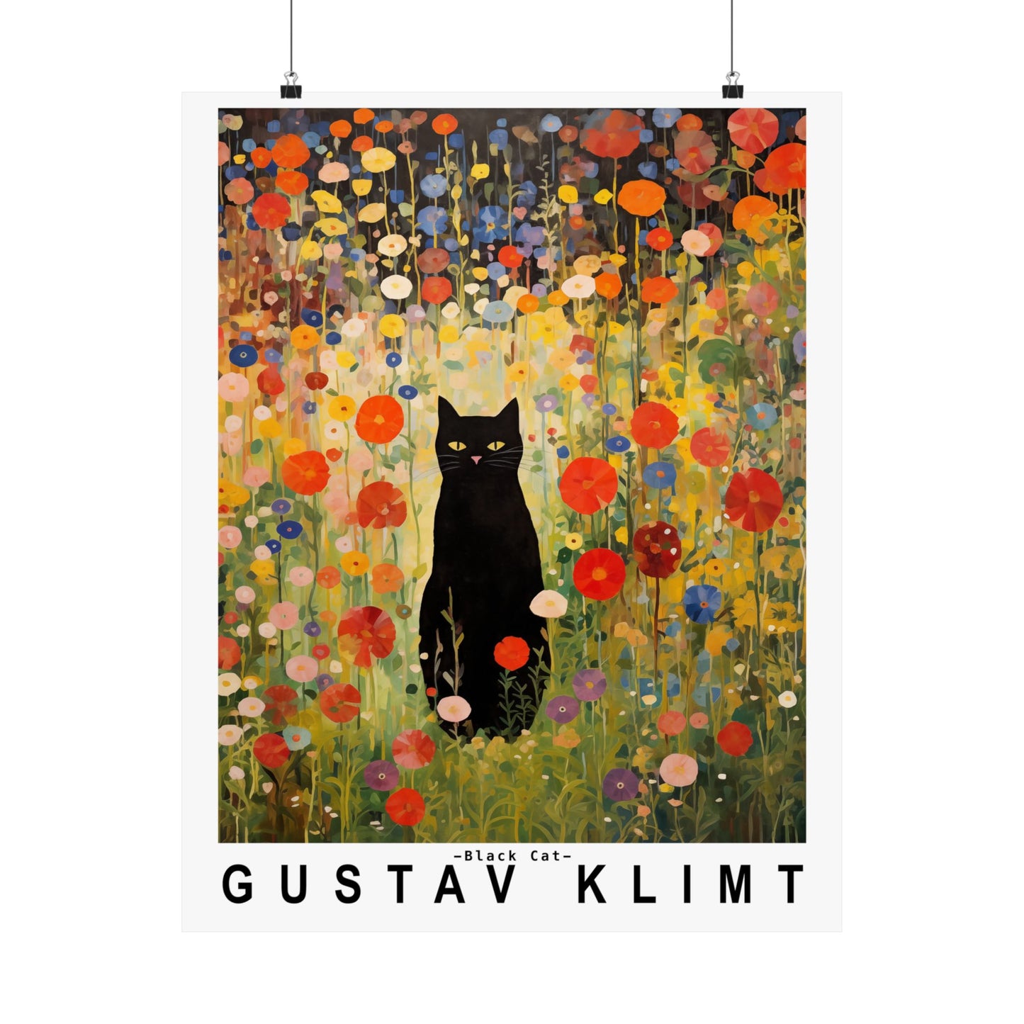 Gustav Klimt Garden Cat Poster | Black Cat Floral Art Print