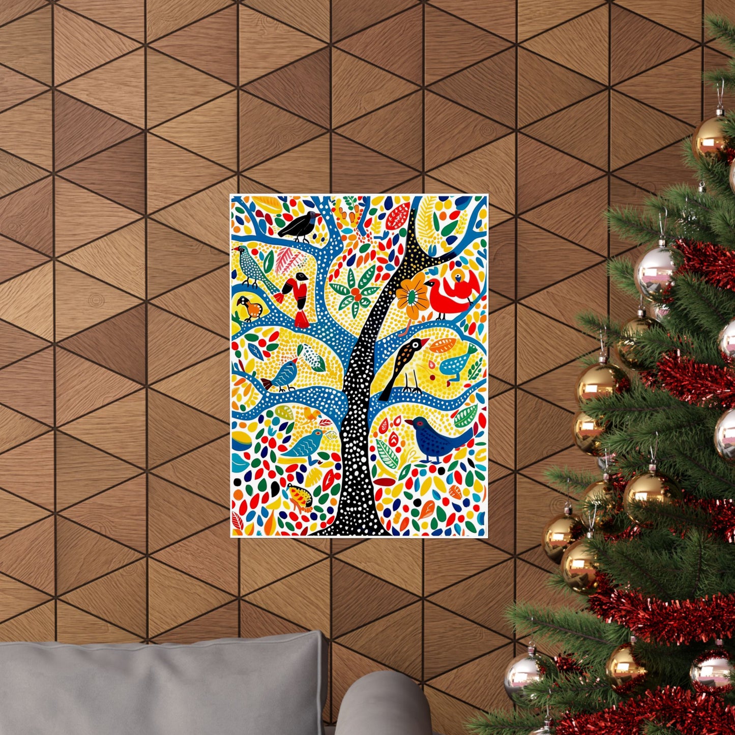 Gond Folk Art Poster | Colorful Tree with Birds and Flowers Print