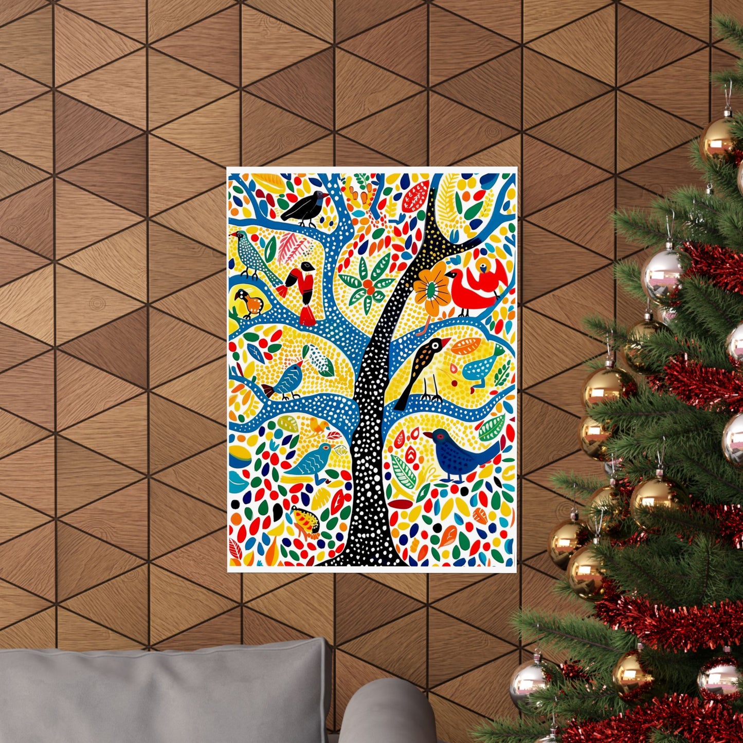 Gond Folk Art Poster | Colorful Tree with Birds and Flowers Print