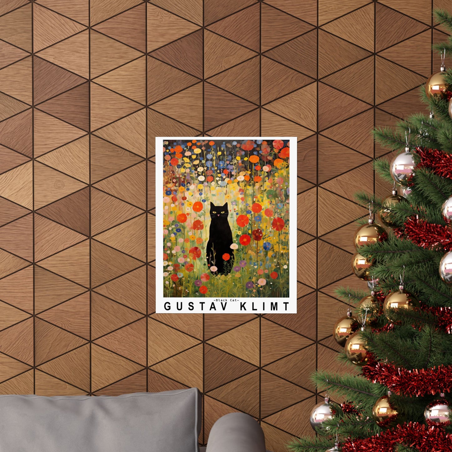 Gustav Klimt Garden Cat Poster | Black Cat Floral Art Print