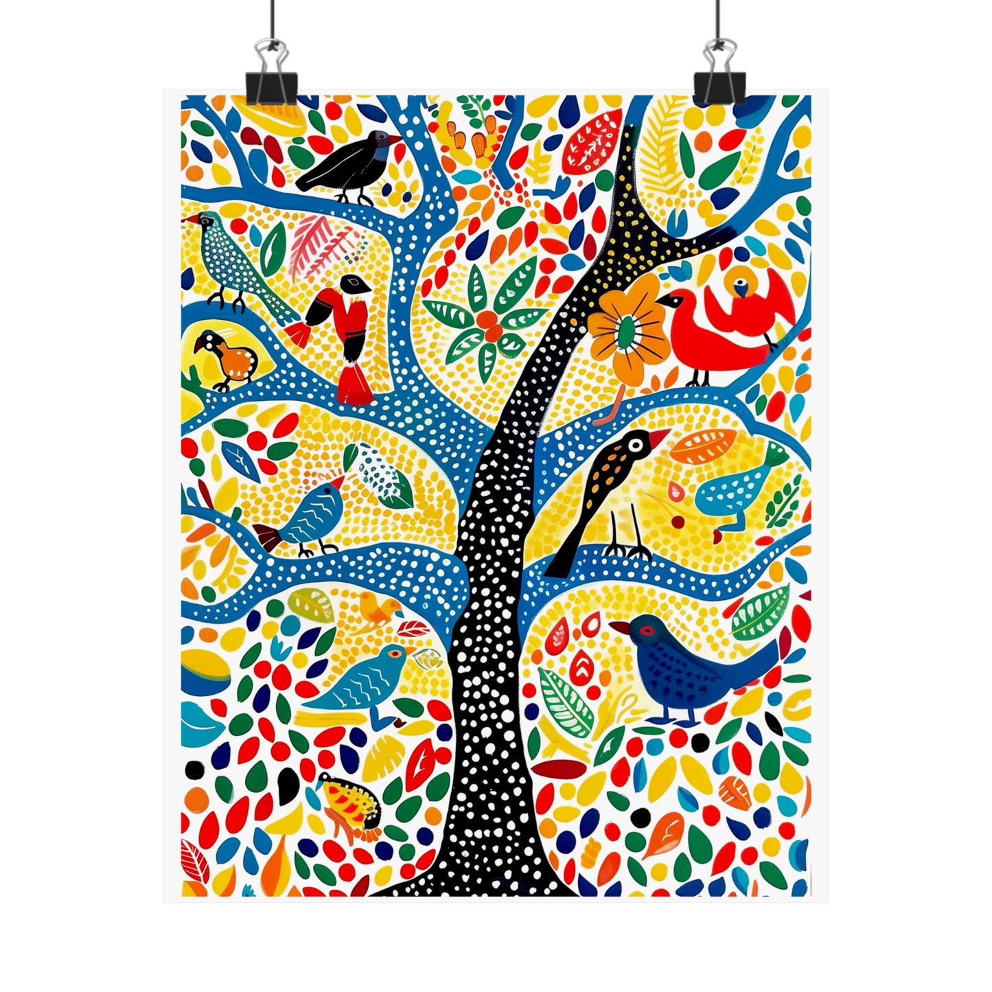 Gond Folk Art Poster | Colorful Tree with Birds and Flowers Print