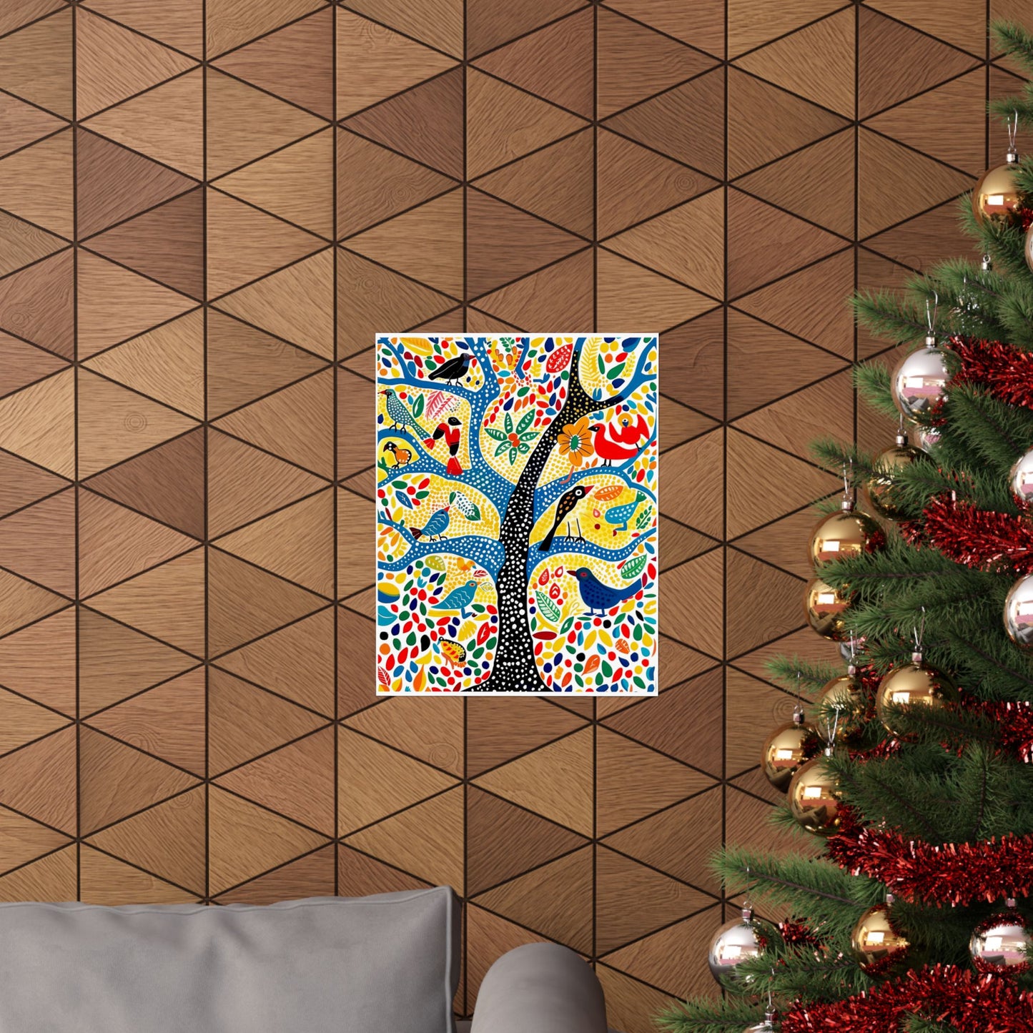 Gond Folk Art Poster | Colorful Tree with Birds and Flowers Print