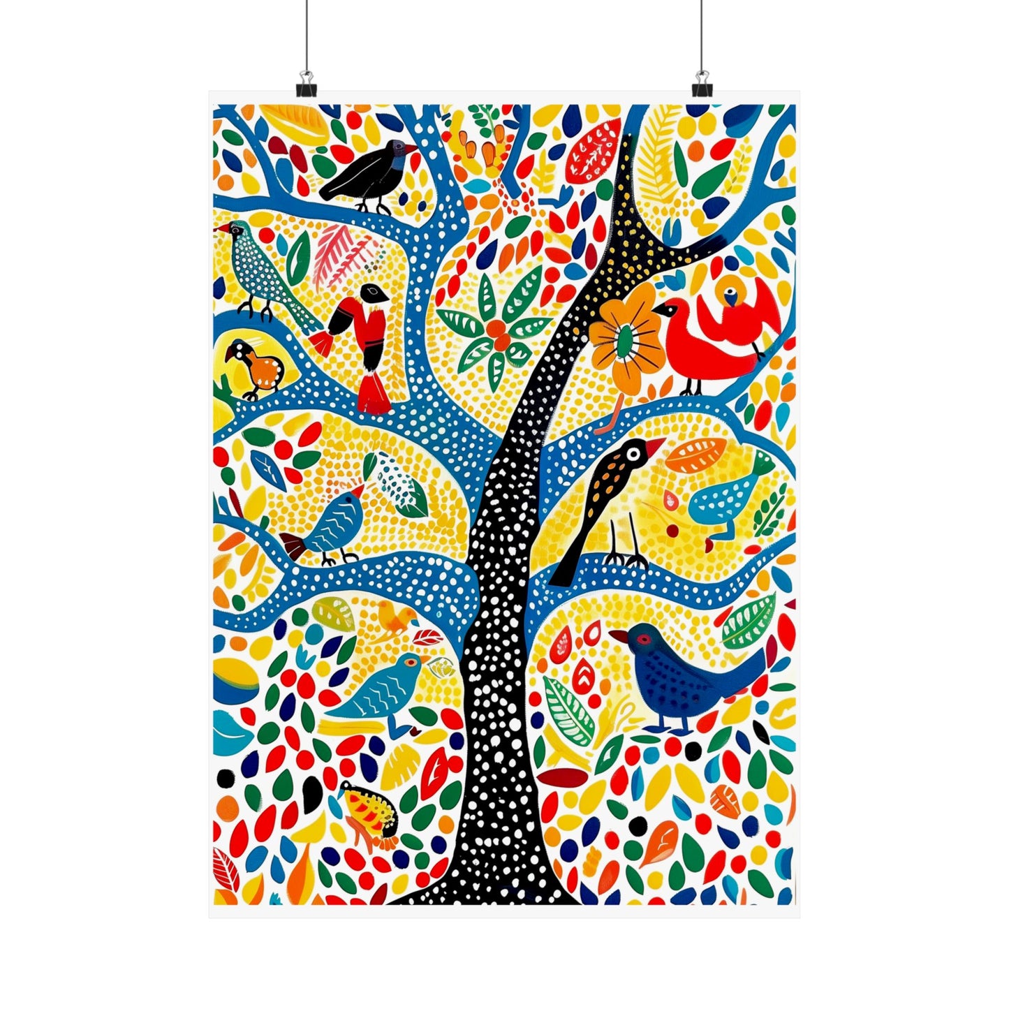 Gond Folk Art Poster | Colorful Tree with Birds and Flowers Print
