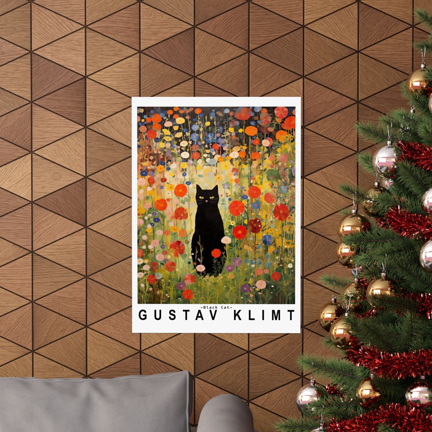 Gustav Klimt Garden Cat Poster | Black Cat Floral Art Print