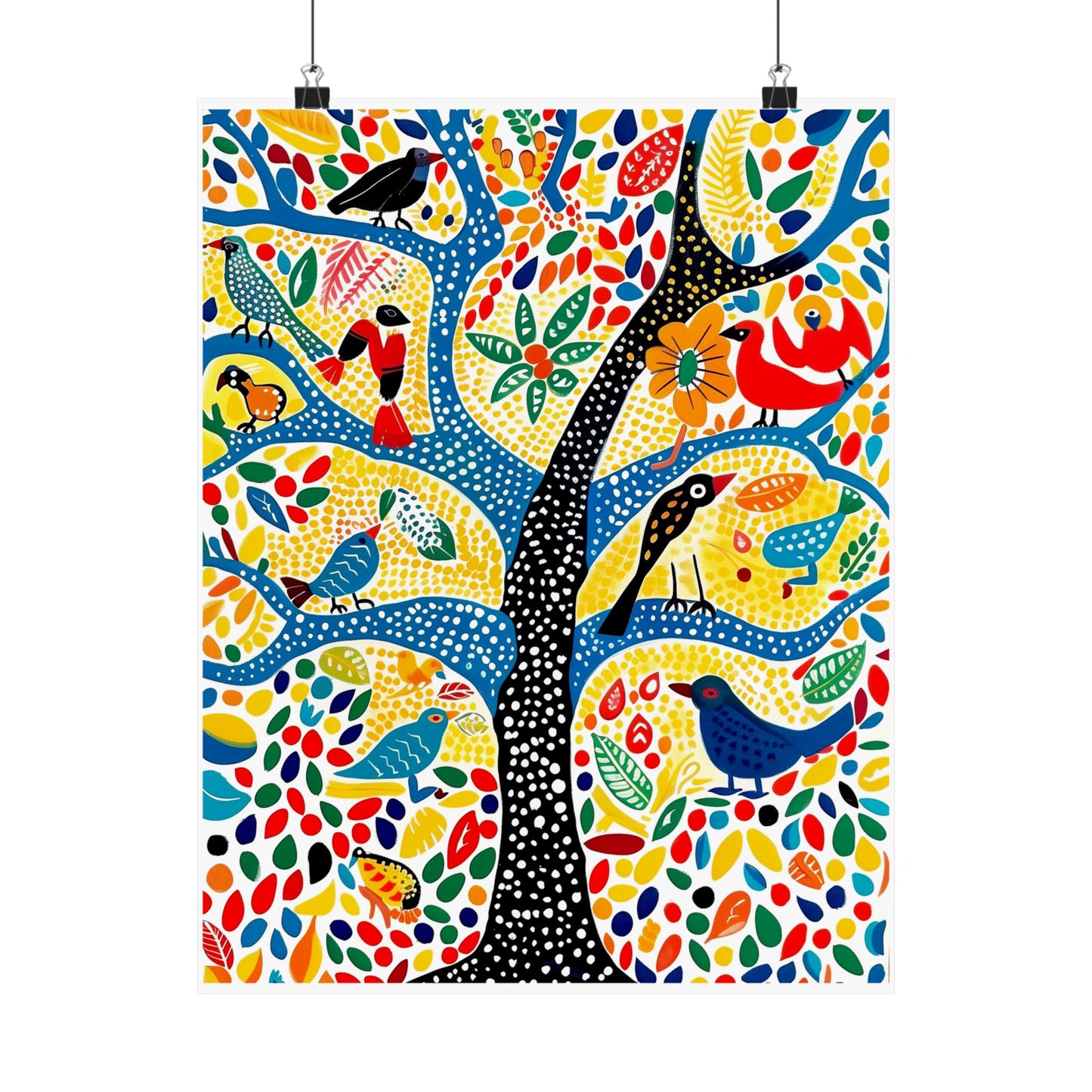 Gond Folk Art Poster | Colorful Tree with Birds and Flowers Print