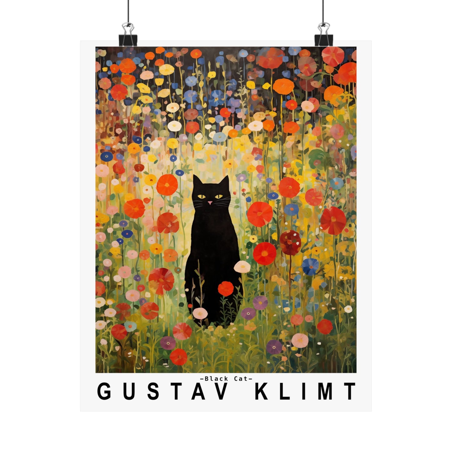 Gustav Klimt Garden Cat Poster | Black Cat Floral Art Print