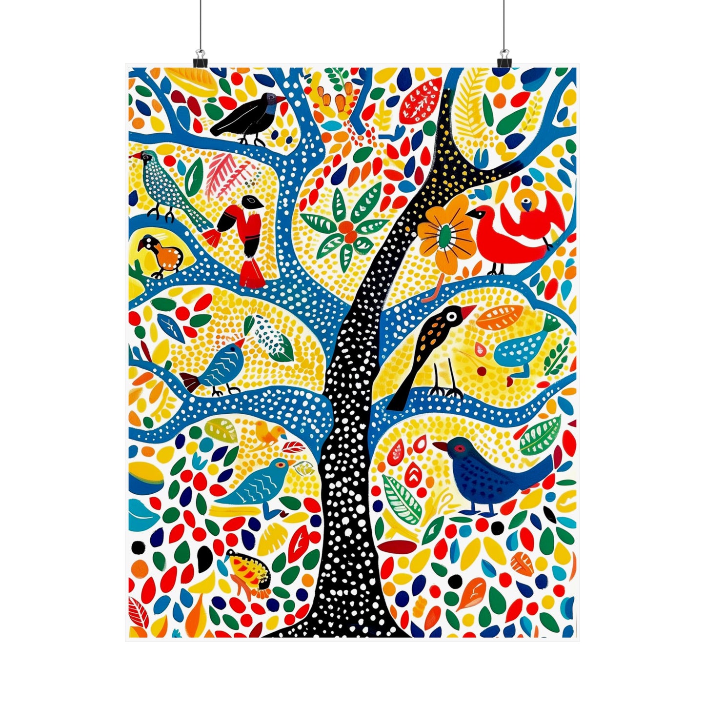 Gond Folk Art Poster | Colorful Tree with Birds and Flowers Print