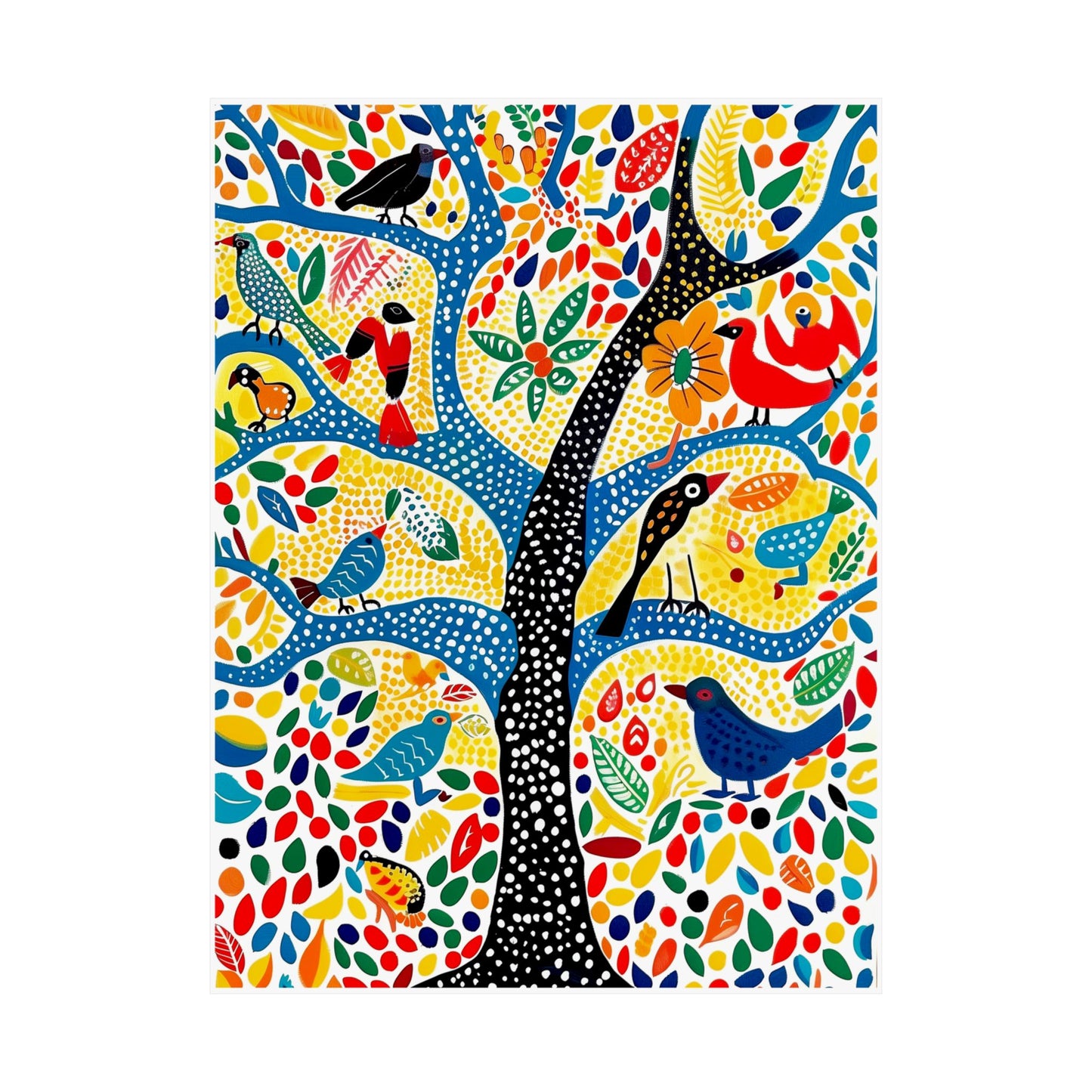 Gond Folk Art Poster | Colorful Tree with Birds and Flowers Print