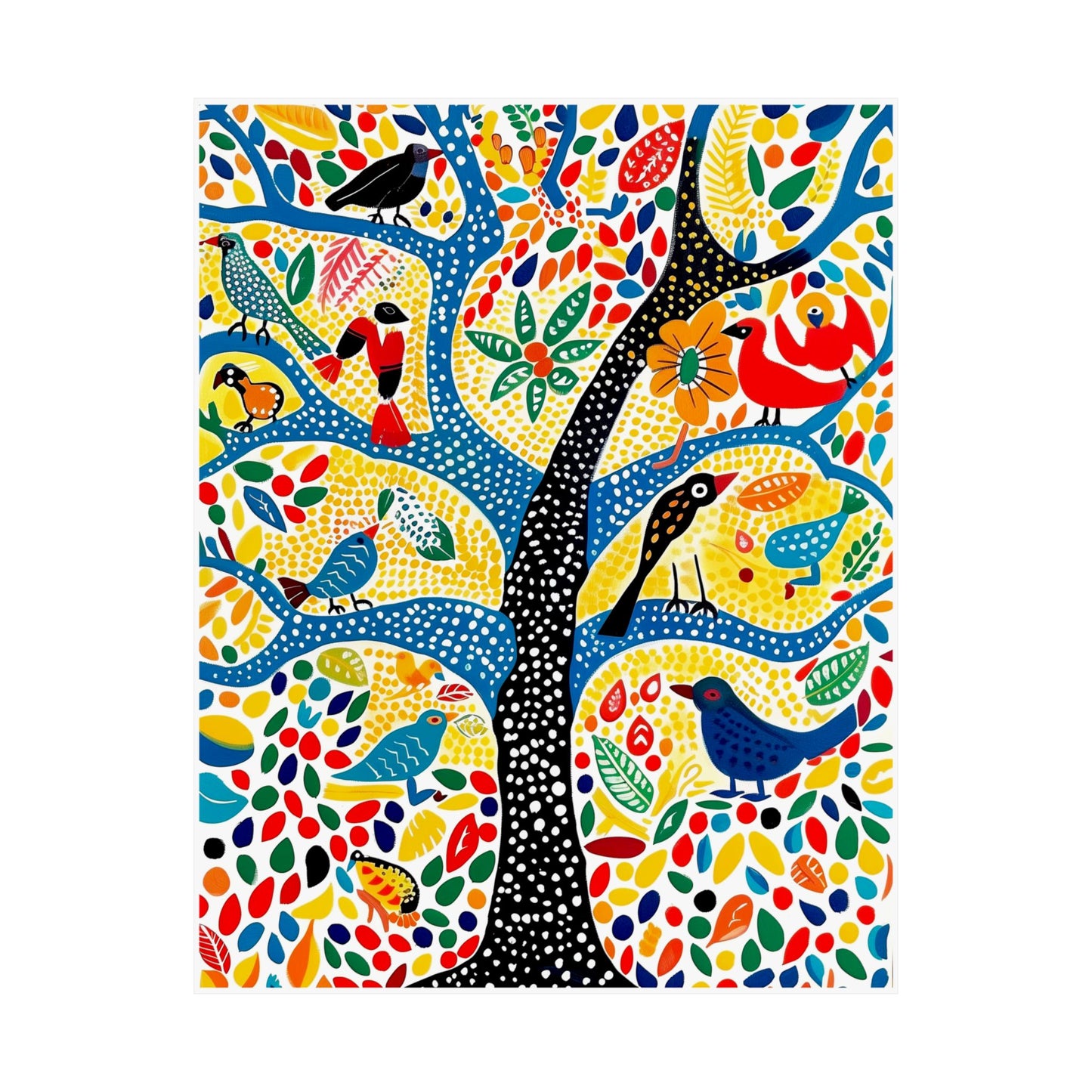 Gond Folk Art Poster | Colorful Tree with Birds and Flowers Print