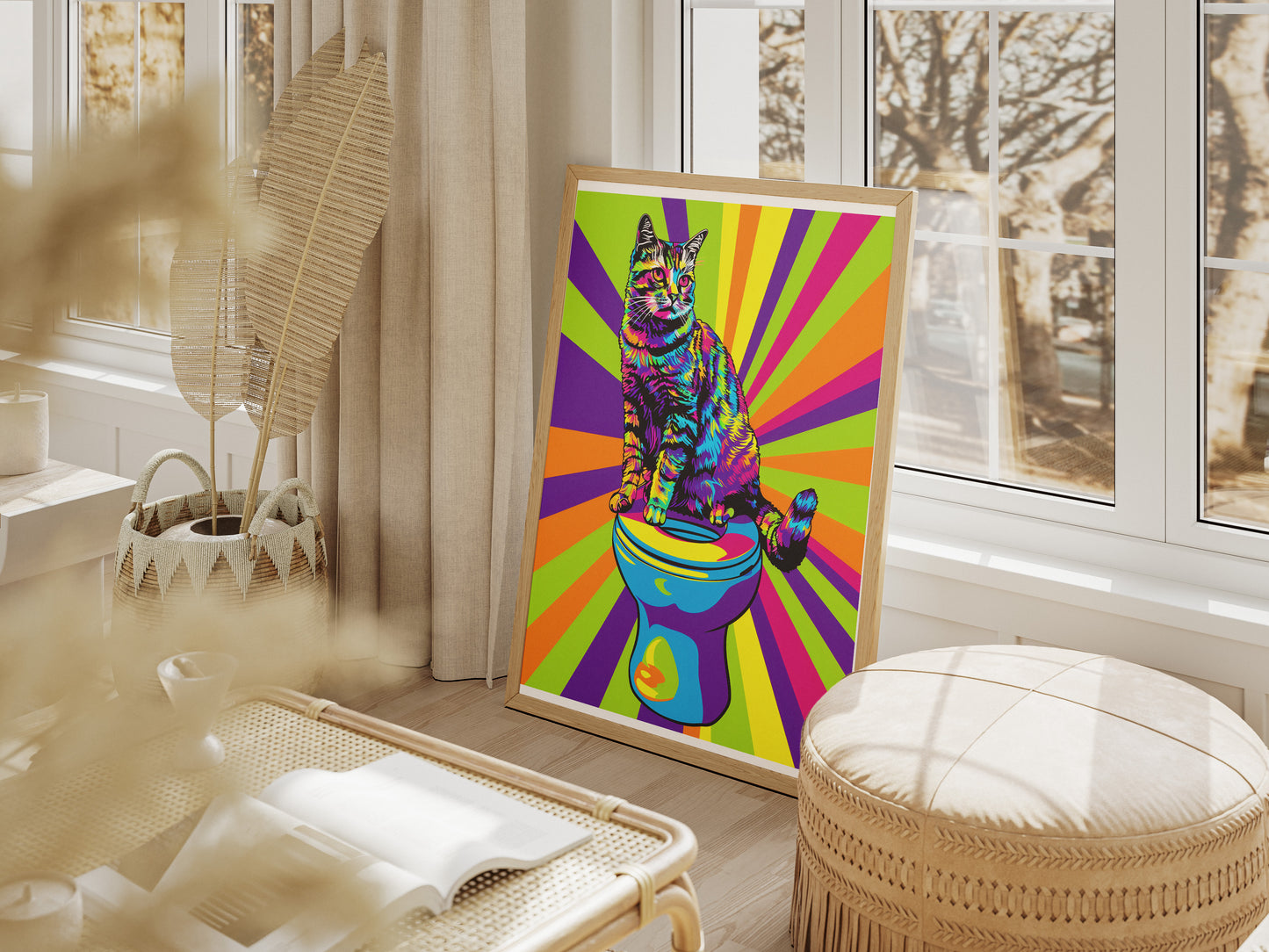 Retro Cat Poster | Colorful Funny Bathroom Wall Art for Cat Lovers