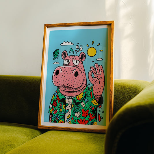 Hippo Vibes Poster | Cartoon Animal Wall Art