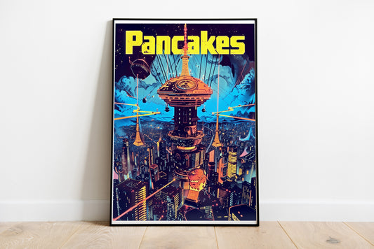 Cyberpunk Pancakes Poster | Retro Futuristic Cityscape Sci-Fi Wall Art