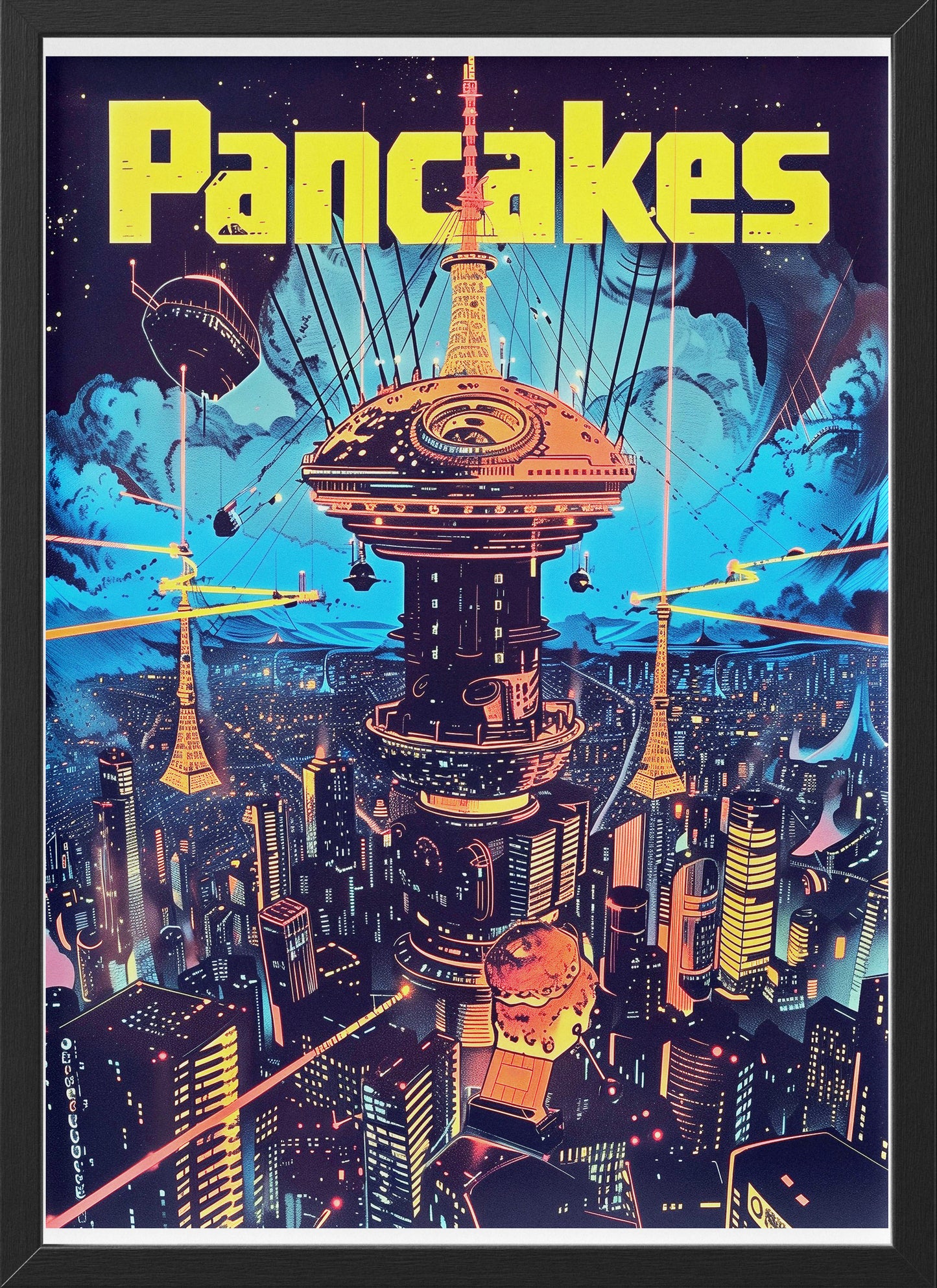 Cyberpunk Pancakes Poster | Retro Futuristic Cityscape Sci-Fi Wall Art