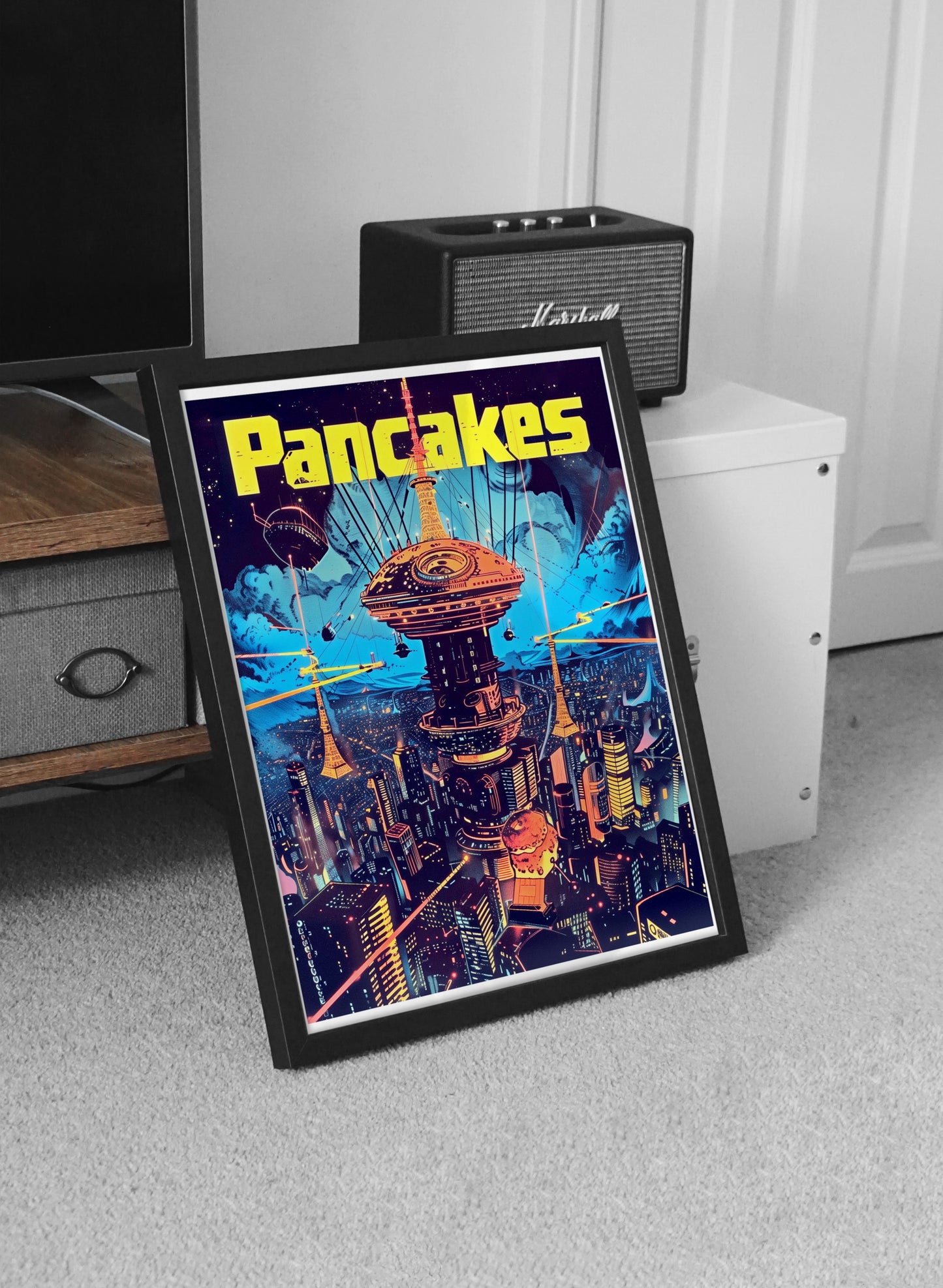 Cyberpunk Pancakes Poster | Retro Futuristic Cityscape Sci-Fi Wall Art