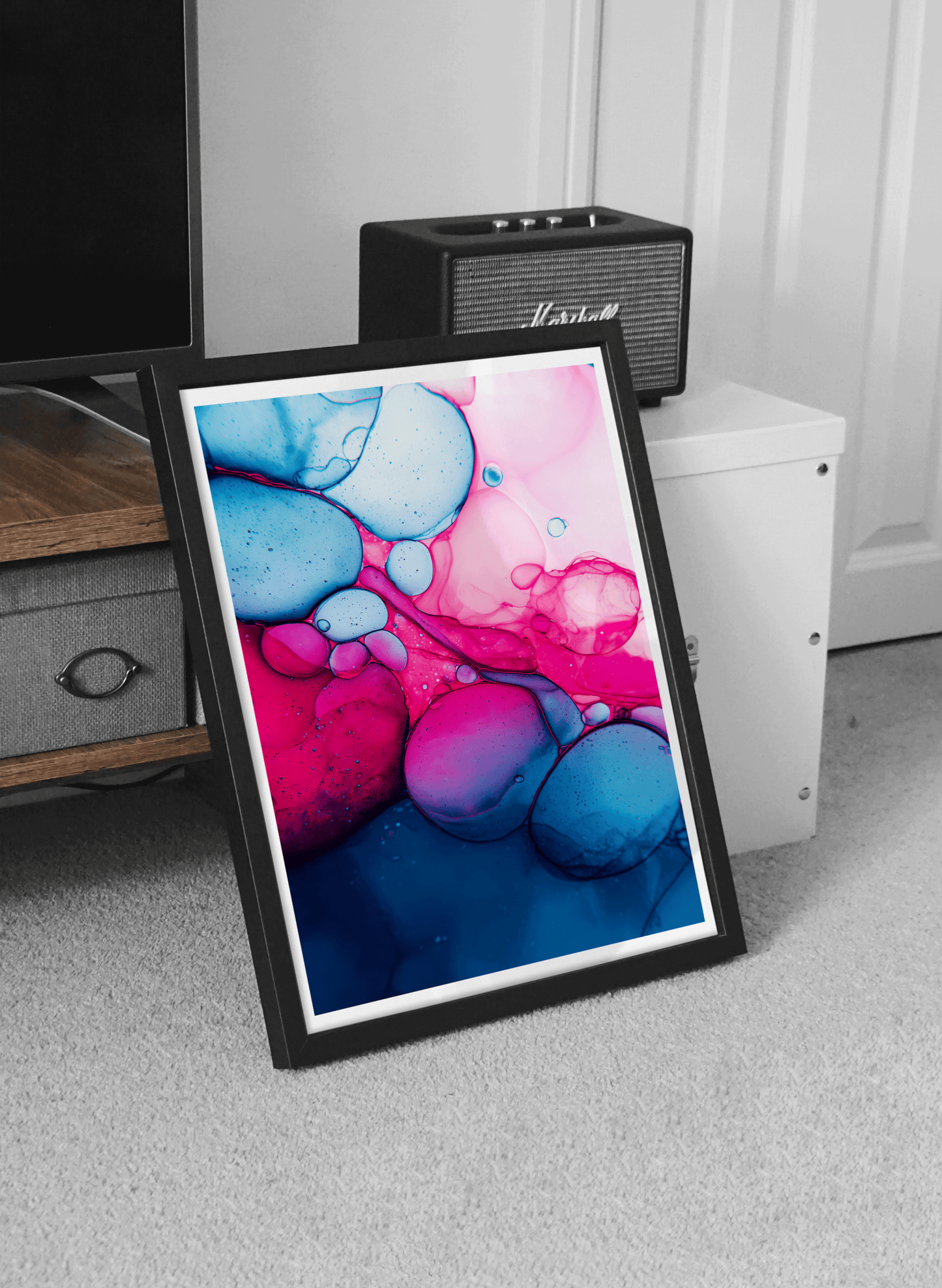 Pink and Blue Fluid Art Poster | Abstract Bubble Texture Wall Print in Bold Colors