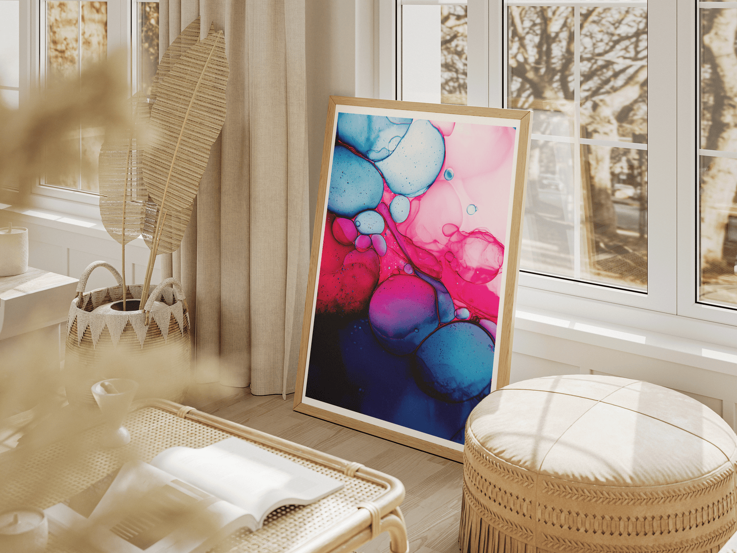 Pink and Blue Fluid Art Poster | Abstract Bubble Texture Wall Print in Bold Colors