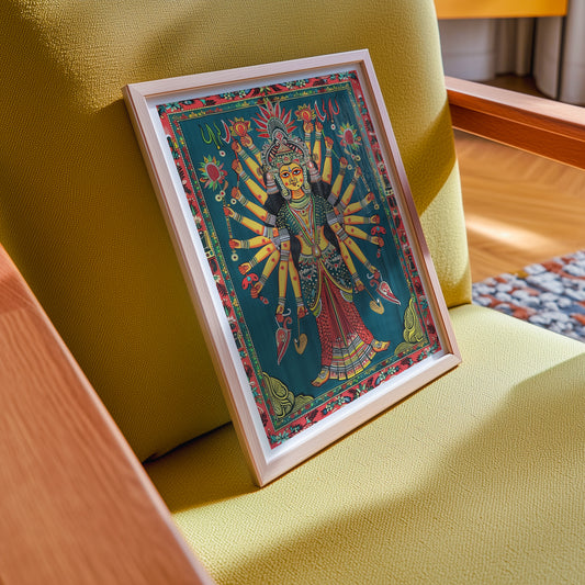 Goddess Durga Wall Art | Traditional Indian Folk Poster with Vibrant Spiritual Detail