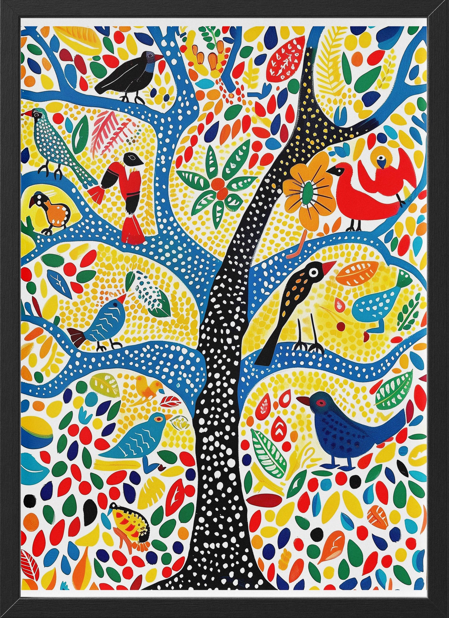 Gond Folk Art Poster | Colorful Tree with Birds and Flowers Print
