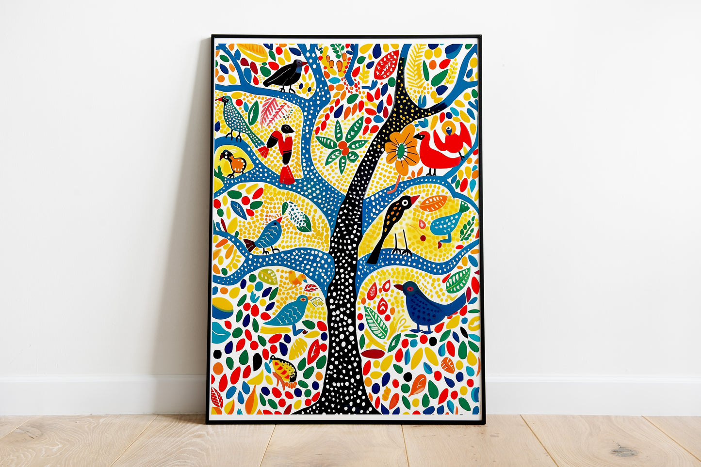 Gond Folk Art Poster | Colorful Tree with Birds and Flowers Print