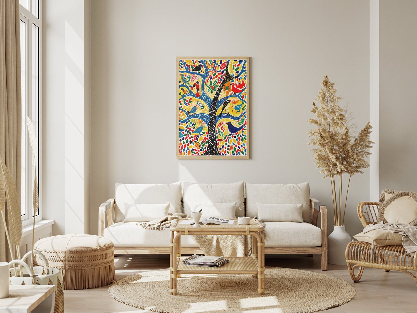Gond Folk Art Poster | Colorful Tree with Birds and Flowers Print