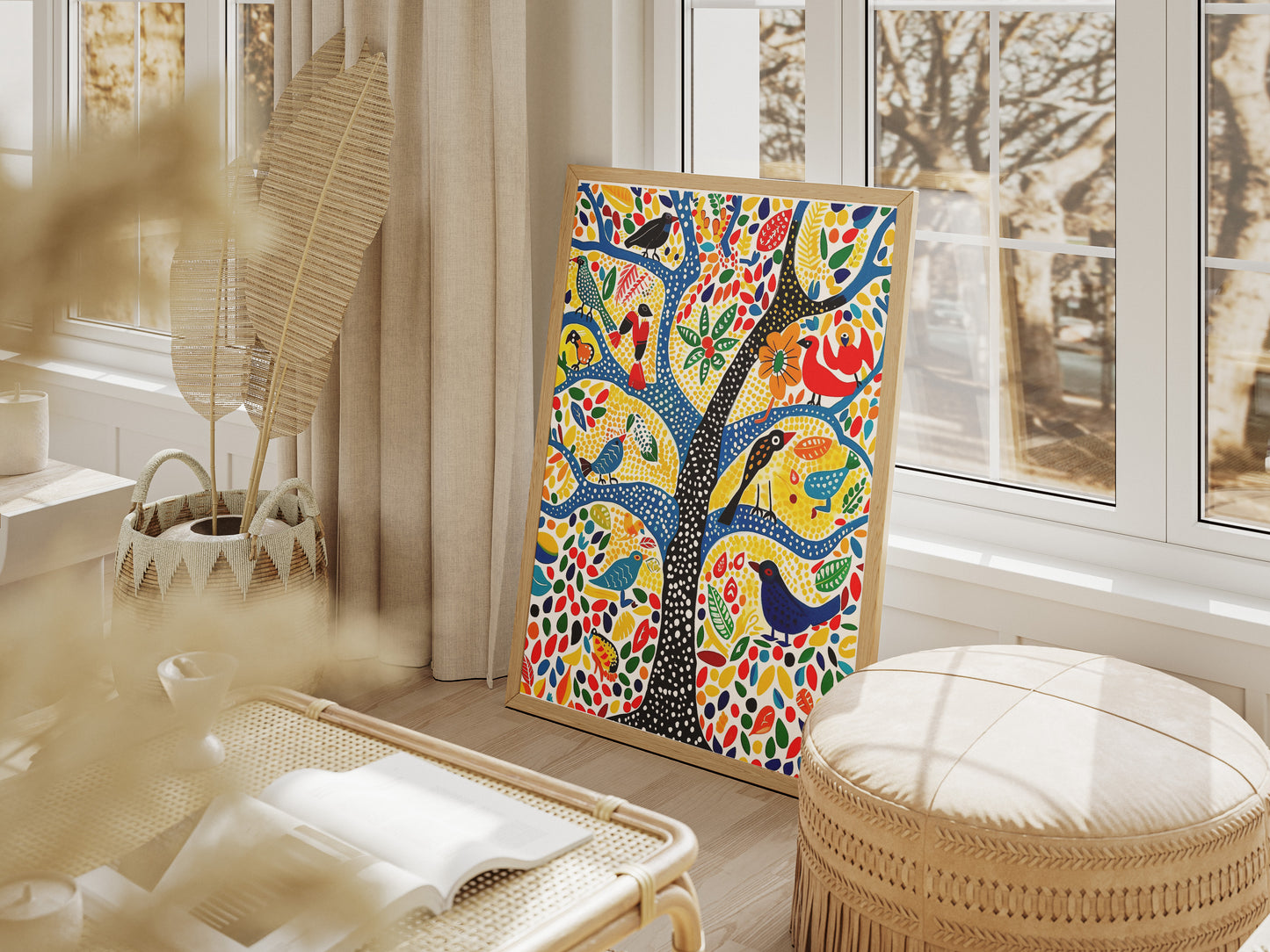 Gond Folk Art Poster | Colorful Tree with Birds and Flowers Print