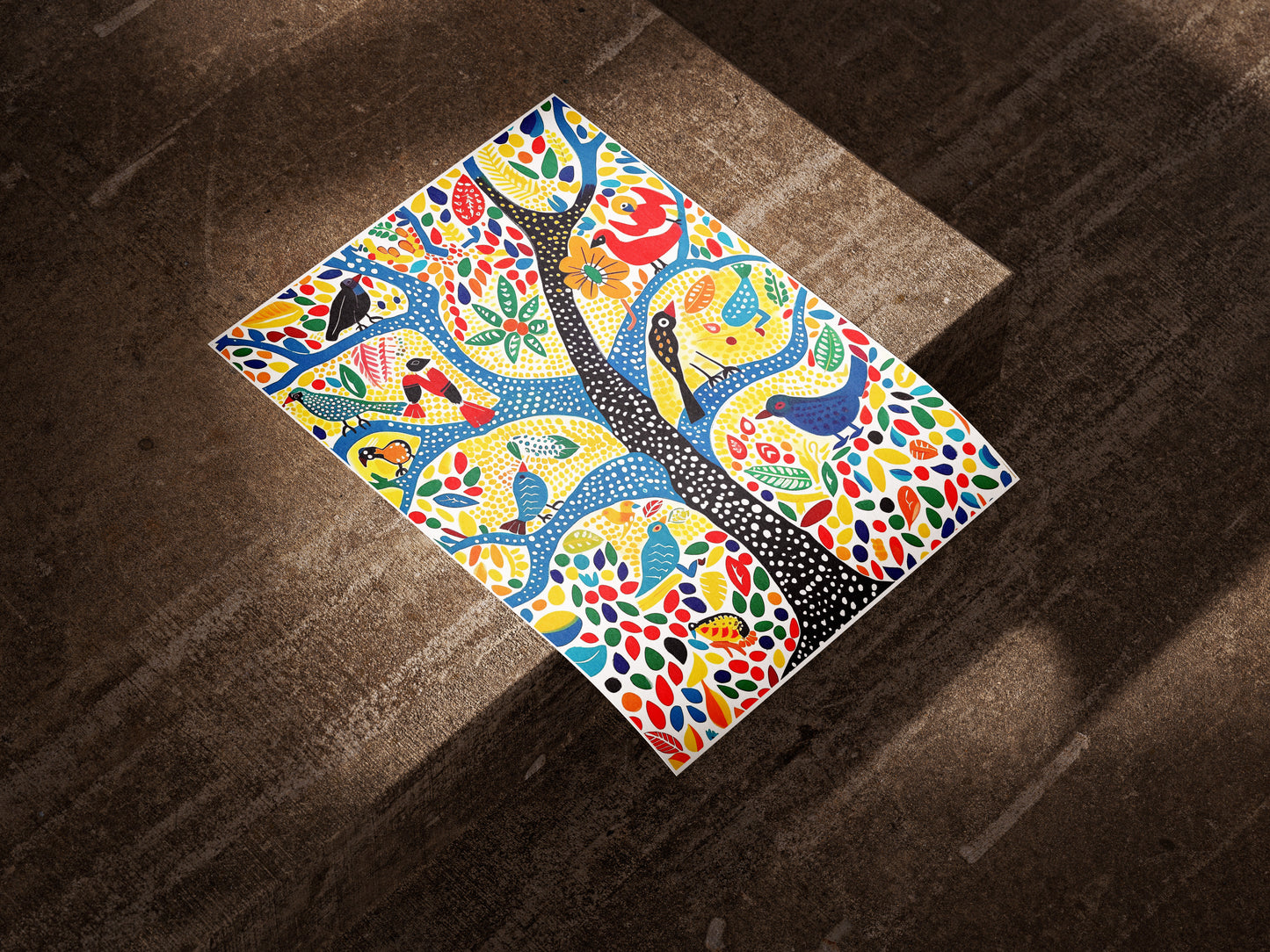 Gond Folk Art Poster | Colorful Tree with Birds and Flowers Print