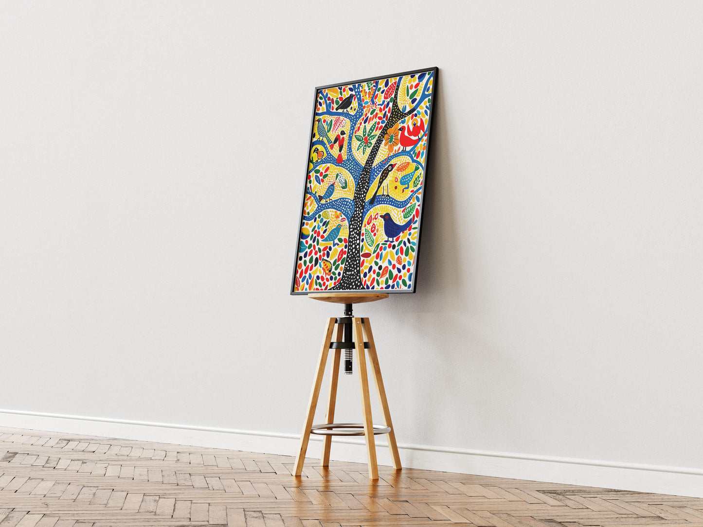 Gond Folk Art Poster | Colorful Tree with Birds and Flowers Print