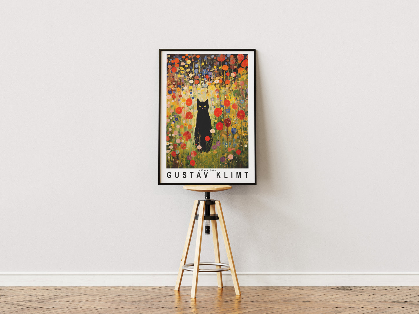 Gustav Klimt Garden Cat Poster | Black Cat Floral Art Print