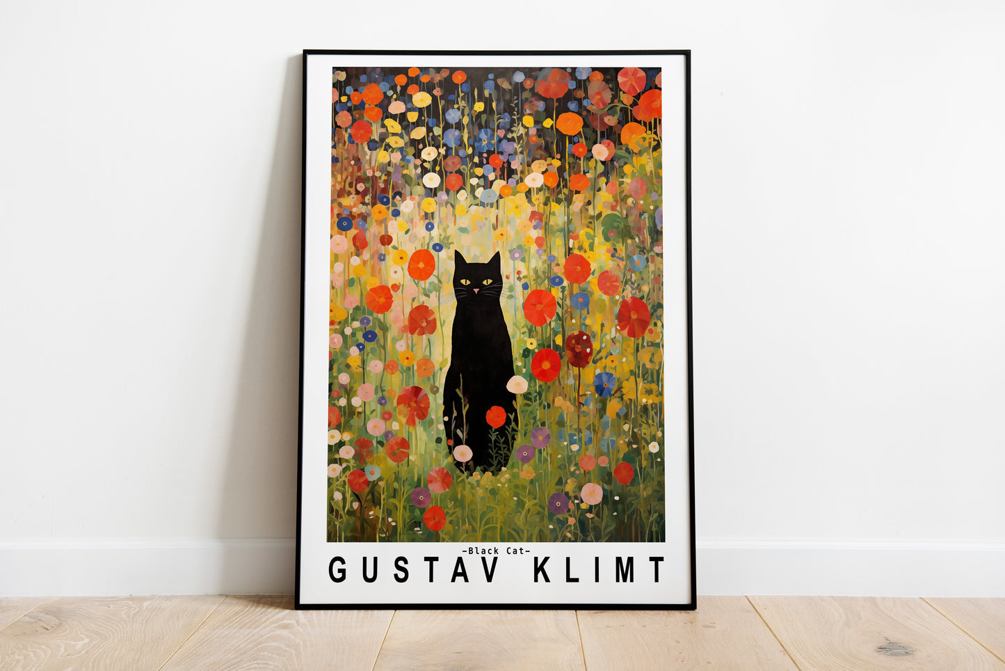 Gustav Klimt Garden Cat Poster | Black Cat Floral Art Print