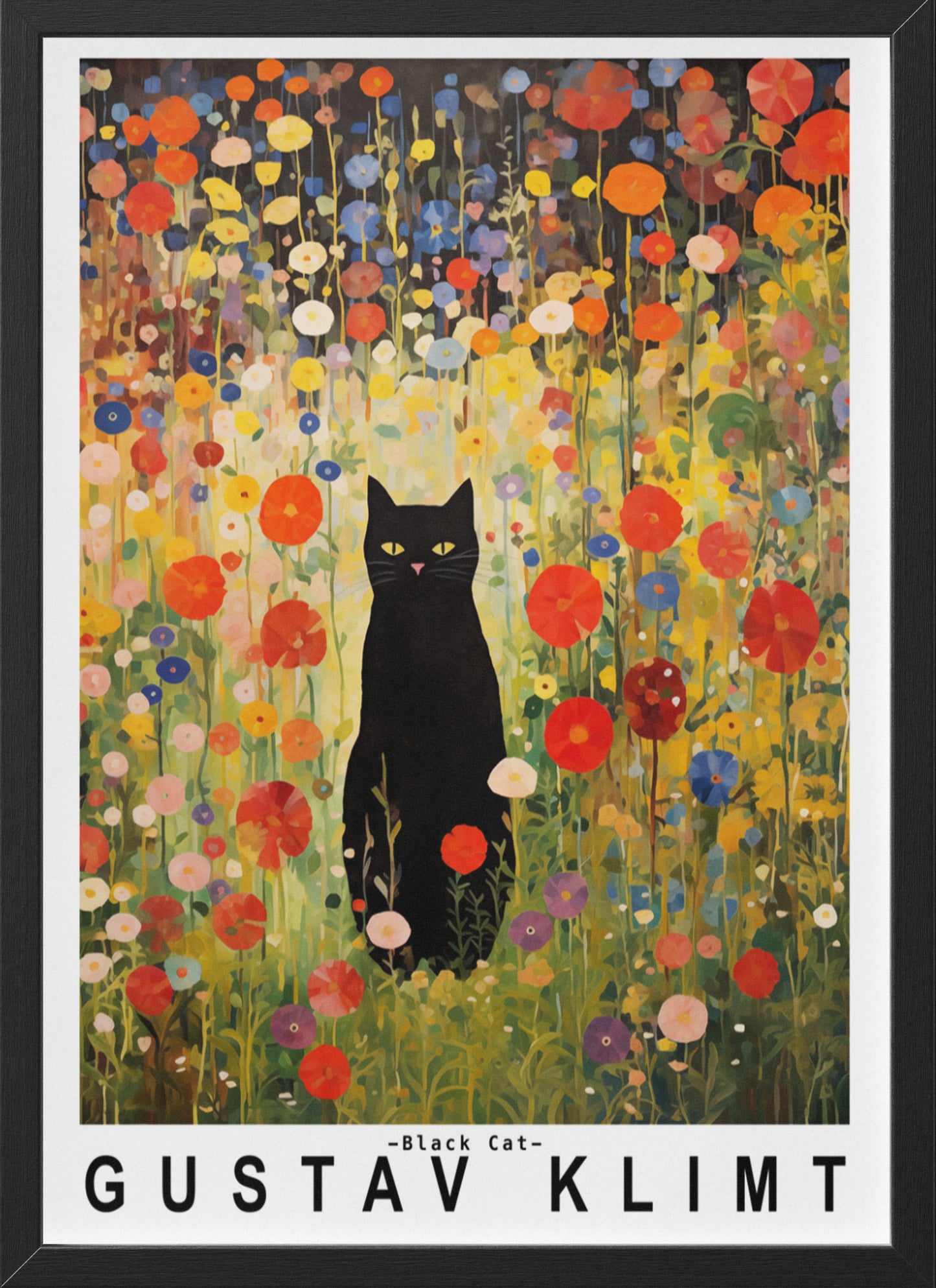 Gustav Klimt Garden Cat Poster | Black Cat Floral Art Print