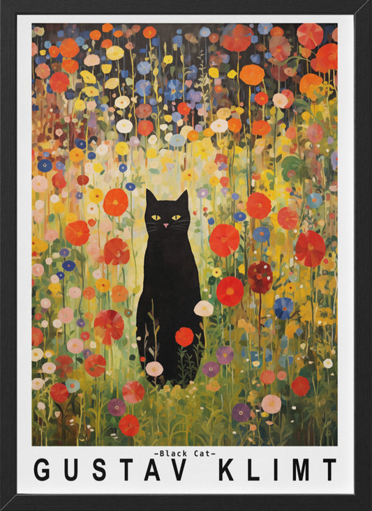 Gustav Klimt Garden Cat Poster | Black Cat Floral Art Print