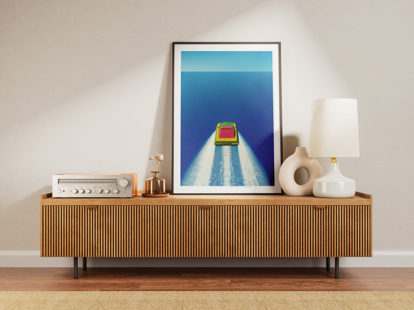 Minimalist Speedboat Poster | Isometric Ocean Illustration Wall Art
