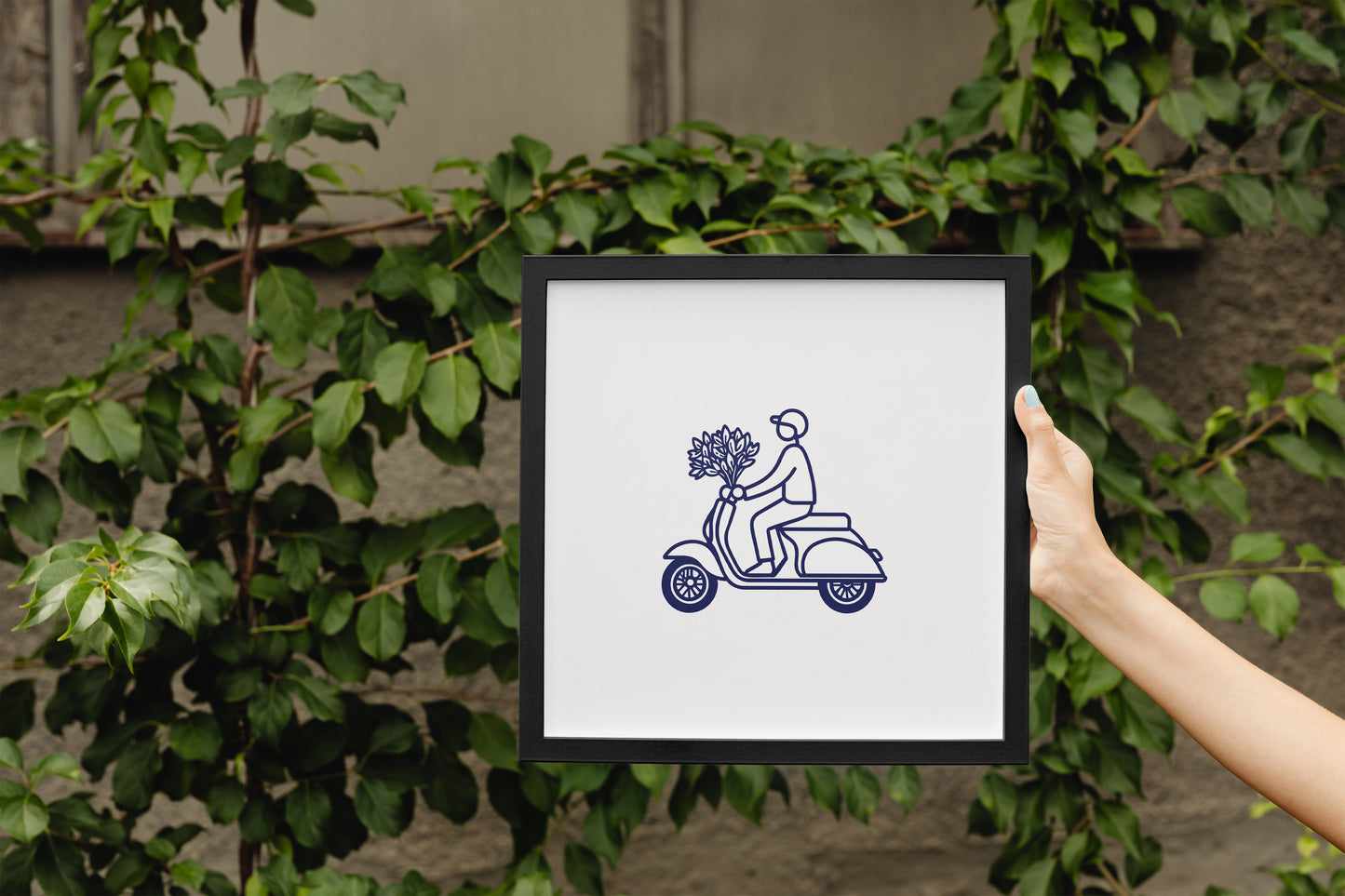 Minimalist Vespa Line Art Poster | Scooter with Flowers Wall Decor