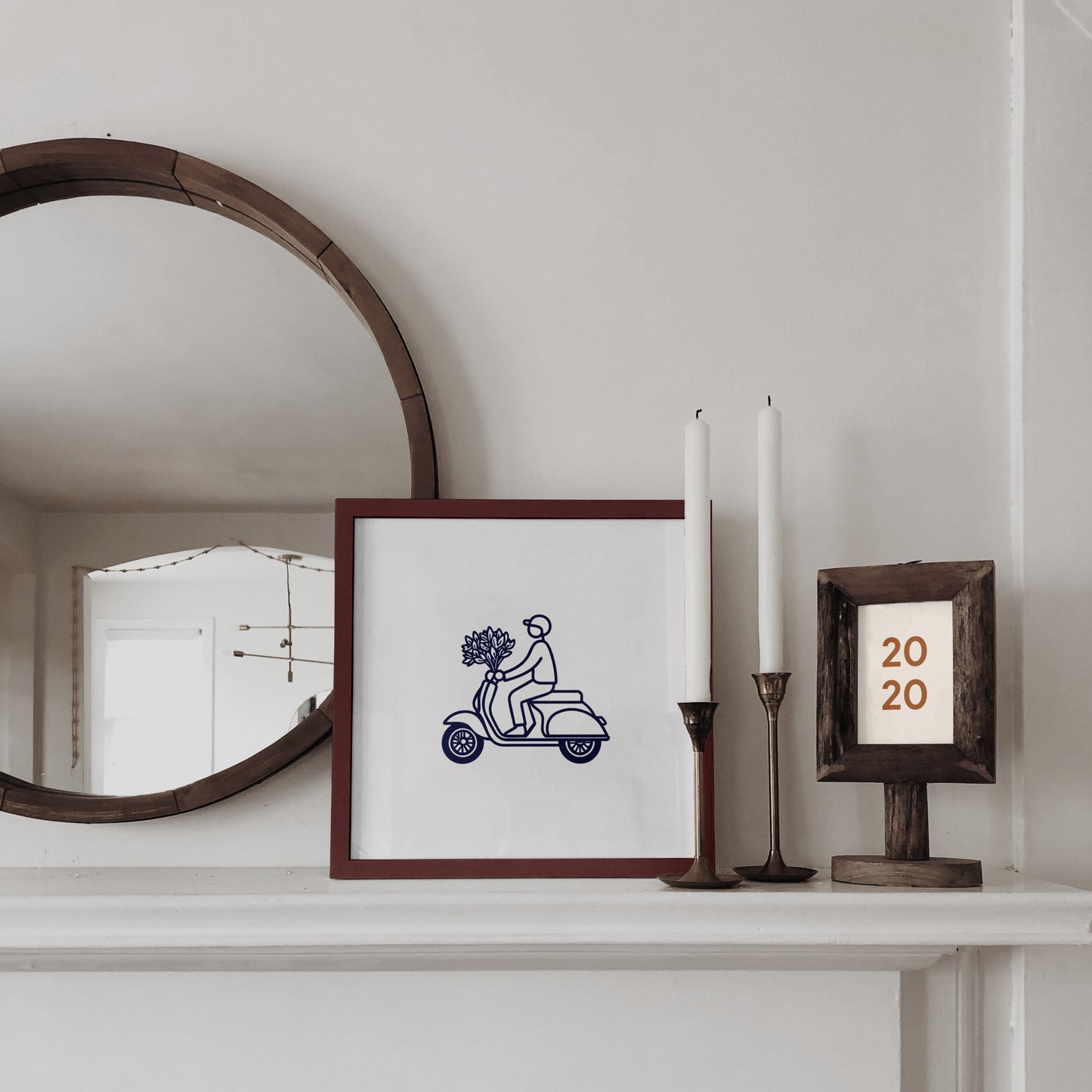 Minimalist Vespa Line Art Poster | Scooter with Flowers Wall Decor