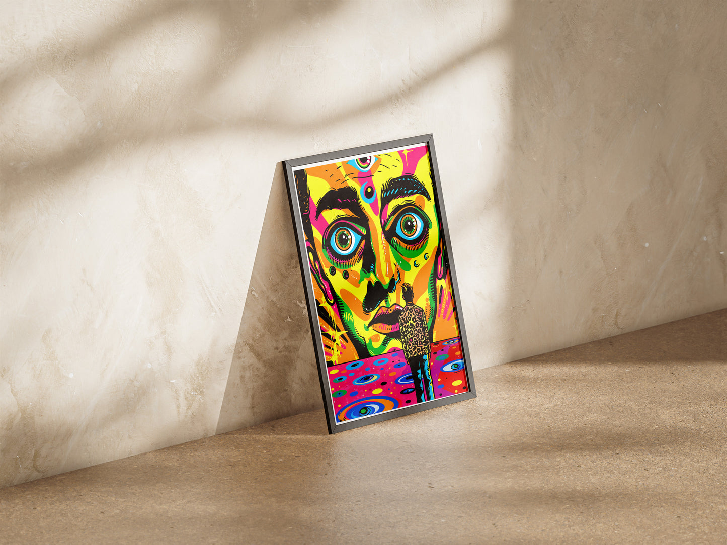 Psychedelic Pop Art Poster | Trippy Face Print with Leopard Coat Figure