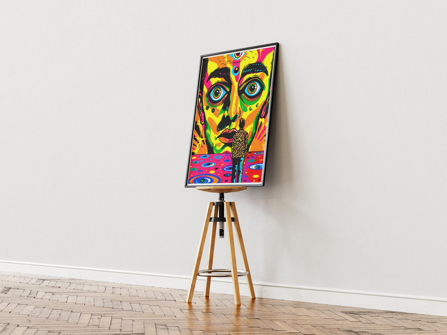 Psychedelic Pop Art Poster | Trippy Face Print with Leopard Coat Figure