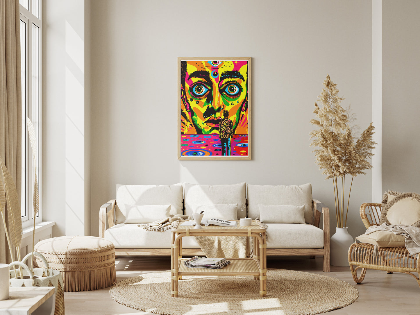 Psychedelic Pop Art Poster | Trippy Face Print with Leopard Coat Figure