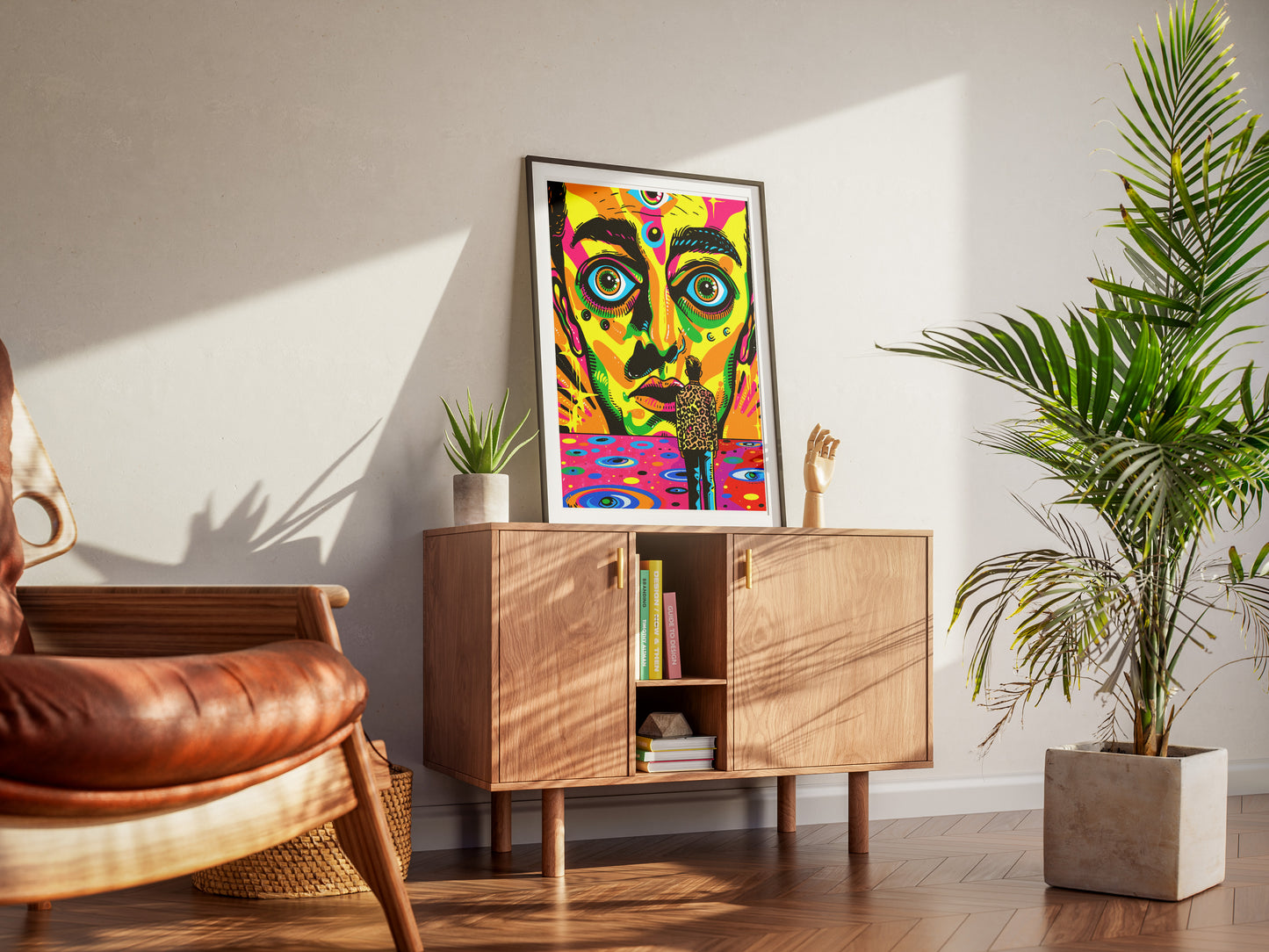 Psychedelic Pop Art Poster | Trippy Face Print with Leopard Coat Figure