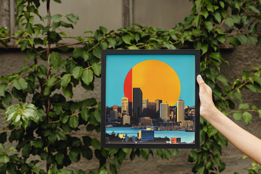 Seattle Skyline Poster | Retro Sun Collage Wall Art