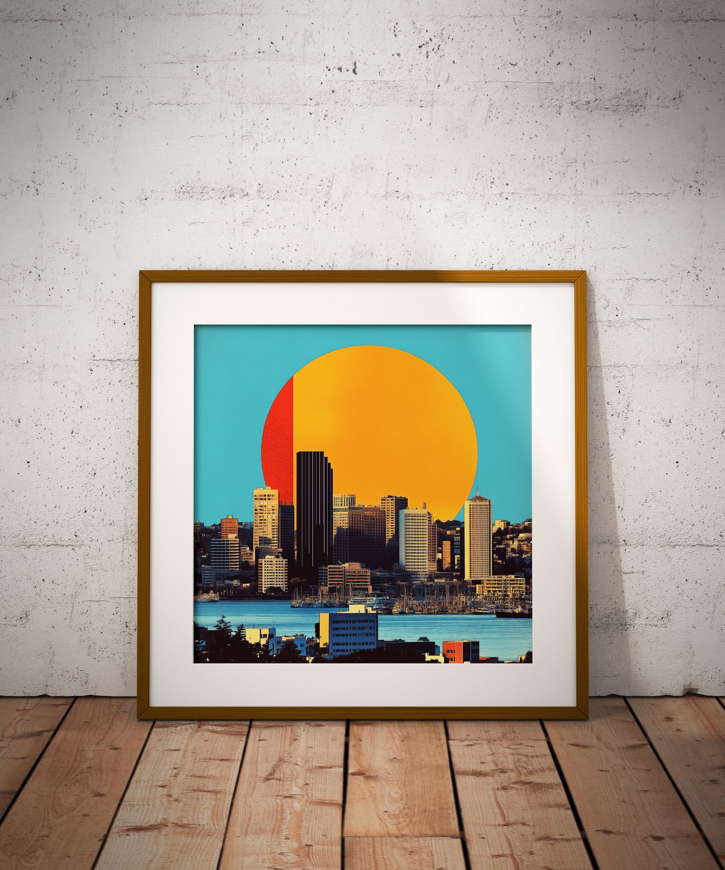 Seattle Skyline Poster | Retro Sun Collage Wall Art