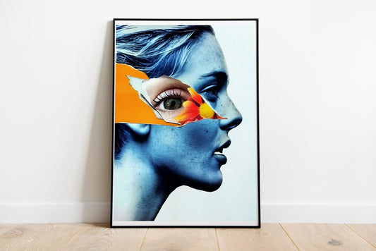 Surreal Blue Woman Portrait Poster | Orange Flower Collage Eye Art Print